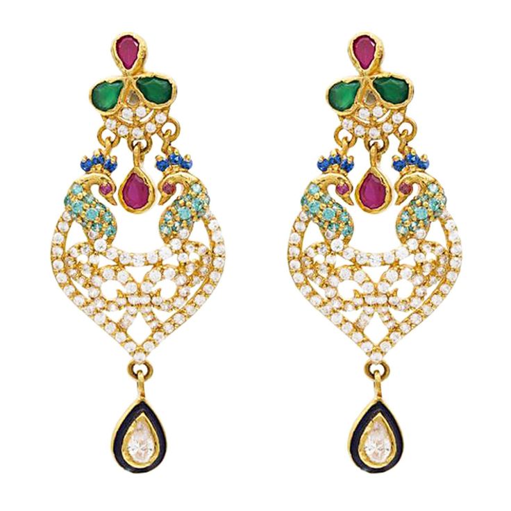 22K Gold Ruby Emerald CZ Earrings - Virani Jewelers Exquisite Gold Multi-stone Earrings, Exquisite Multi-stone Gold Earrings, 22k Gold Peacock Chandbali Earrings, 22k Gold Gemstone Earrings For Formal Occasions, Gold-plated Multi-stone Earrings, Elegant Multicolor Peacock Design Earrings, 22k Gold Peacock Design Earrings, 22k Gold Earrings With Peacock Design, 22k Gold Earrings With Peacock Design For Festivals