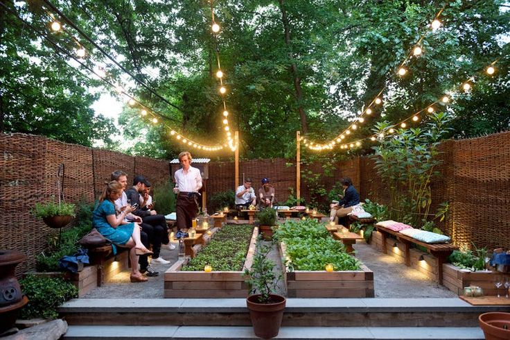 people are sitting on benches in the middle of an outdoor garden with lights strung above them