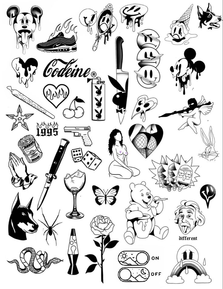 an assortment of cartoon character tattoos on a white background with black and white lettering that reads,