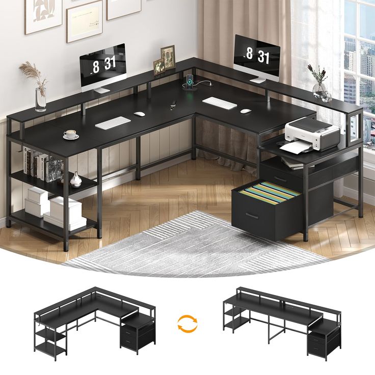 an office desk with two computer screens on top and one open file cabinet in the middle