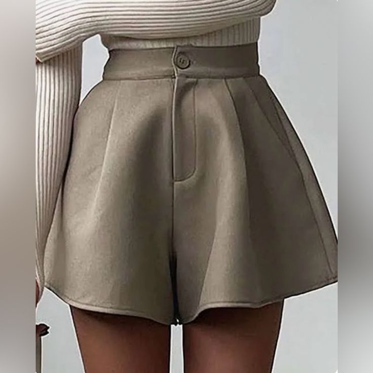 Details: Occasion: Casual Category: Bottoms Composition: 94% Polyester, 6% Elastane Size & Fit: Measured In Size S Waist:27.6" Inseam:15.0" Hip:44.9" Fit:Fitted Stretch:Low Stretch Measurements Located In Photos. Trendy Short Length Solid Color Pants, Elegant Short Length Solid Color Bottoms, Fitted Short Length Pants, Fitted Short Length Solid Color Pants, Short Length Fitted Solid Color Pants, Trendy Wide Leg Shorts In Solid Color, Trendy Wide Leg Shorts, High-waisted Solid Color Shorts For Work, High-waisted Shorts For Work