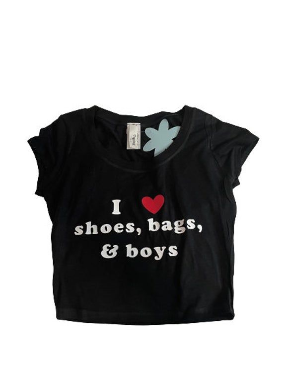 "I <3 shoes, bags, & boys"- made with white and red vinyl- 100% cotton cropped fitted tee Trendy Cotton Cropped T-shirt For Everyday, Cotton Graphic Tee Crop Top For Everyday, Cotton Graphic Tee Crop Top, Everyday Cotton Graphic Tee Crop Top, Casual Cropped T-shirt With Text Print For Streetwear, Basic Cotton Cropped T-shirt For Streetwear, Basic Cropped T-shirt With Graphic Print For Streetwear, Summer Streetwear Crop Top With Logo Print, Casual Cotton Crop Top With Logo Print