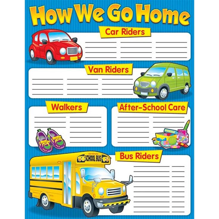 how we go home poster with school bus, car, and van images on it