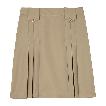 She'll pass the style test every time she slips on this knee-length front-pleat skirt from French Toast's little and big girl collection. It's made from a soft woven fabric with a smooth, adjustable waistband, concealed side zip closure, and decorative button tabs. Complete her school look with a peter pan collar shirt and flats.Front Style: Pleated FrontFeatures: Pleated, Adjustable WaistClosure Type: ZipperClosure Location: Left SideRise: At WaistFiber Content: 100% PolyesterFabric Description School Uniform Style Skirt, School Uniform Lined Skirt, Lined Skirt Skort For School, Lined Skort For School, School Mini Skirt Solid Color With Lined Skirt, School Mini Skirt Solid Color Lined, Solid Color Lined Mini Skirt For School, Solid Color Skirted School Uniform Bottoms, Solid Skirted School Uniform Bottoms