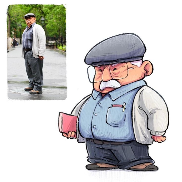 an older man is standing on the street with his book in front of him and another cartoon character behind him