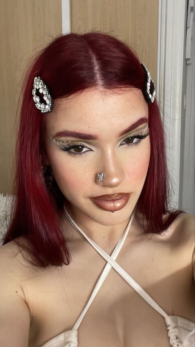 Burgundy Hair Makeup, Red Hair Makeup Looks, Red Eyebrow, Red Eyebrows, Hair Stages, Red Hair Makeup, Crimson Hair, Red Hair Inspo, Cherry Hair