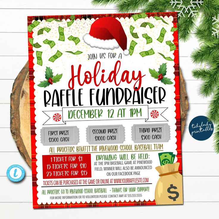 a holiday raffle fundraiser flyer is displayed on a table with christmas decorations and presents