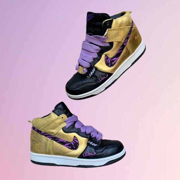 NIKE SBTG x LAZY Dunk High Gold Hi Tops Purple, Women’s Size 8. *VERY RARE*

+ South East Asia collaboration by top sneaker customizers SBTG and Lazy
+ Gold/black colorway with purple camo (done by SBTG) on the Swoosh
+ Tagged with a Lazy tag
+ Gold SBTG lace lock

Preloved, excellent condition. Gently wear to soles, light small marks on one tongue, barely noticeable. 

Non smoking home.
Props are not included with purchase. Sneakers Purple, Purple Camo, Gold Sneakers, Nike Gold, South East Asia, Dunk High, Hi Top, East Asia, Purple Gold