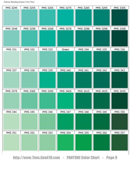 the pantone color chart for green is shown in shades of teal and blue