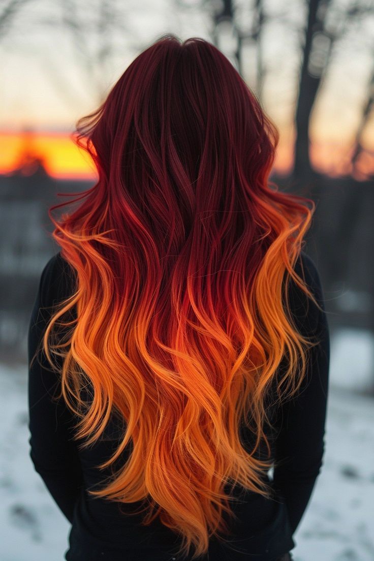 Orange Ombré Hair, Red To Orange Ombre Hair, Red And Orange Hair, Fire Ombre Hair, Fire Hair Color, Orange Ombre Hair, Sunset Hair Color, Ombre Hairstyles, Cheveux Oranges