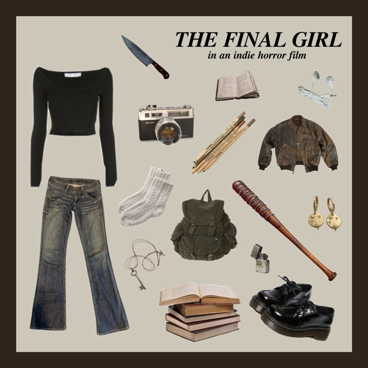 the final girl in an inside horror film poster is shown with clothing, books and accessories