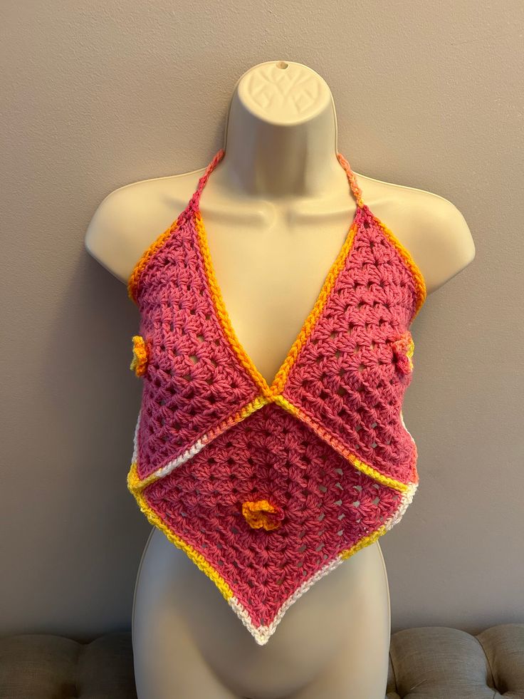 Crocheted bohemian top. One size fits most Fitted V-neck Top For Festival, Bohemian V-neck Halter Top For Summer, Summer Festival V-neck Halter Top, Bohemian V-neck Crop Top For Beach Season, Spring Festival V-neck Halter Top, Summer Festival Halter Top With V-neck, Bohemian Cotton Crochet V-neck Top, Bohemian V-neck Halter Top, Festival Crochet V-neck Crop Top