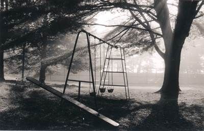 a swing set in the middle of a park