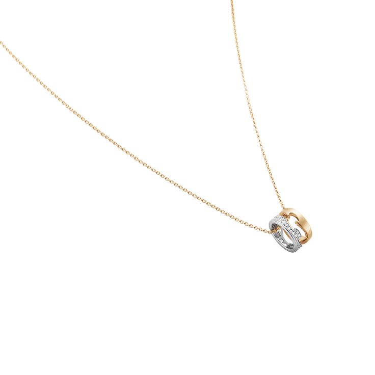 This delicate and elegant pendant includes two miniature Fusion rings in 18-karat rose and white gold, with pavé-set diamonds. A design that introduces a light and contemporary take on the classic Fusion pattern. Timeless Rose Gold Cable Chain Jewelry, Timeless Rose Gold Jewelry With Cable Chain, Modern Rose Gold Jewelry With Cable Chain, Rose Gold Plated Necklaces For Everyday Luxury, Luxury 14k Rose Gold Chain Necklace, Luxury Formal Chain Necklace With Round Pendant, Luxury Formal Necklace With Round Pendant, Luxury Rose Gold 14k Chain Necklace, Luxury Round Pendant Chain Necklace For Formal Occasions