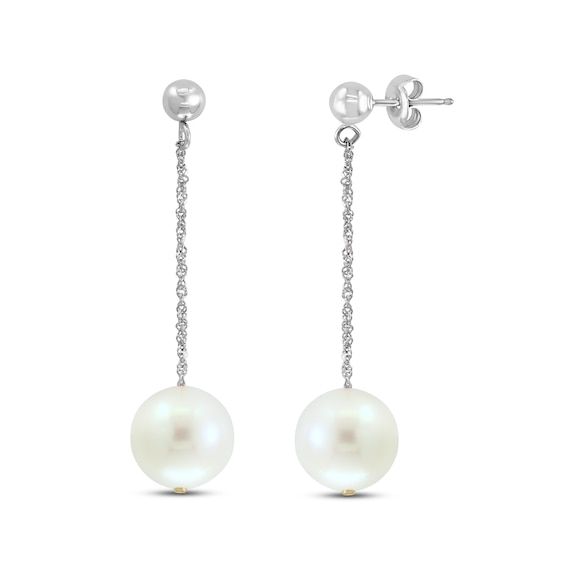 Lustrous freshwater cultured pearls dangle elegantly in these luxurious women's drop earrings. Fashioned in 14K white gold, the earrings secure in place with friction backs. From the Lali Jewels Collection. Luxury 14k Gold Drop Pearl Earrings, Classic Drop Earrings With Pearl Chain, White Gold Akoya Pearl Dangle Earrings, Silver Akoya Pearl Dangle Earrings, Luxury White Pearl Chain Earrings, Silver Akoya Pearl Chain Earrings, White Akoya Pearl Drop Earrings, White Gold Briolette Earrings, Formal Pearl Chain Round Earrings