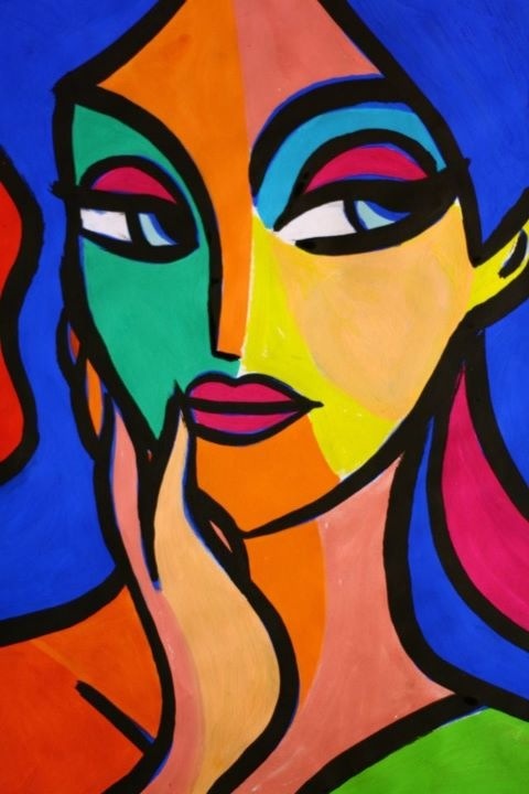 an abstract painting of a woman's face with colorful lines and colors on it