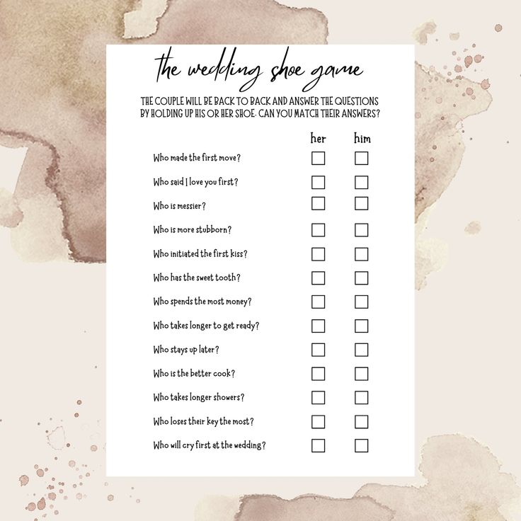 a printable checklist with watercolor stains and the words, the wedding shoe game