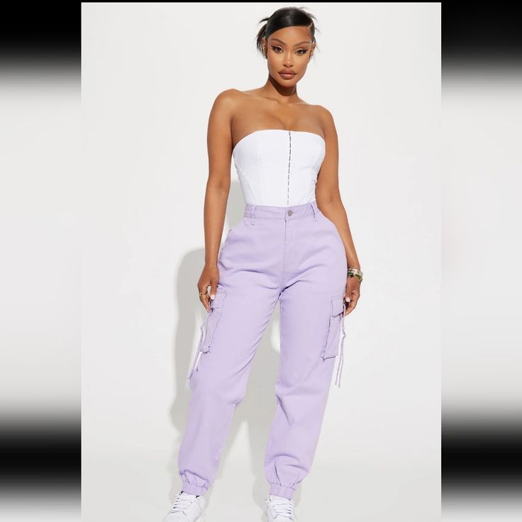 Lavender New True To Size Casual High Waist Purple Cargo Pants, Casual Lavender Pants With Pockets, High Rise Purple Cotton Pants, High-rise Purple Cotton Pants, Lavender Casual Bottoms For Spring, Casual Lavender Bottoms For Spring, Trendy Spring Purple Cargo Pants, High Waist Purple Cargo Pants For Spring, High-waist Purple Cargo Pants For Spring