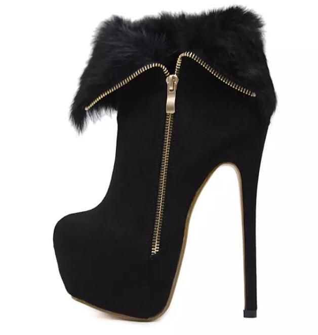 Women winter flock ankle high heel boots with 16cm heel and gold zipper detail Ankle High Heel Boots, Ankle Boots Platform, Apple Watch Wristbands, Pointed Ankle Boots, Puff Puff, Boots Platform, Boots Heels, All About Shoes, Boot Types