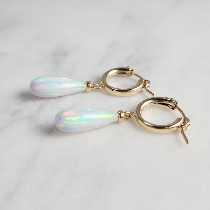 Dainty White Opal Hoop Huggie Earrings Handmade Opal Drop Earrings, Elegant Opal Huggie Earrings, Elegant Opal Huggie Jewelry, Hypoallergenic Small Hoop Earrings In 14k Gold Filled, Small Hoop Opal Earrings For Gift, Opal Hoop Earrings As A Gift, Dainty Teardrop Nickel Free Huggie Earrings, Minimalist Huggie Gemstone Earrings, Dainty Huggie Gemstone Earrings