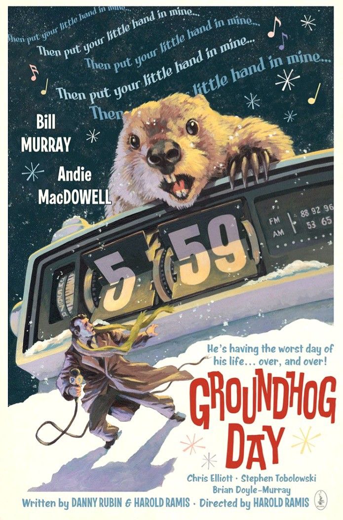 an advertisement for groundhog day with a bear on top