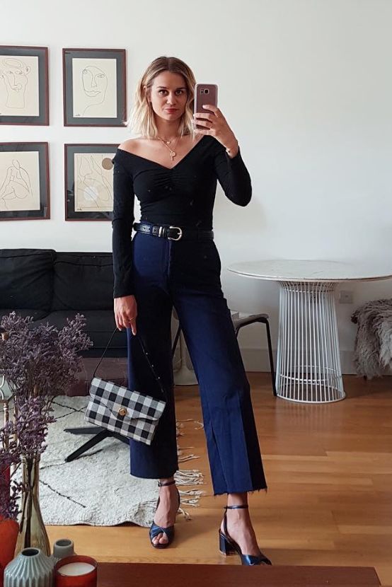 Why Black and Navy Are Actually the Best Color Pairing Navy Top Outfit, Navy Blue Pants Outfit, Blue Trousers Outfit, Navy Pants Outfit, Blue Top Outfit, Blue Pants Outfit, Black Summer Outfits, Muted Autumn, Off The Shoulder Top Outfit