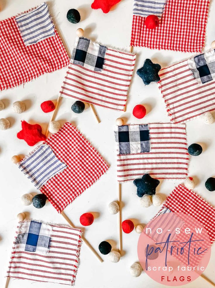 red, white and blue gingham checkered flags with pom poms on them