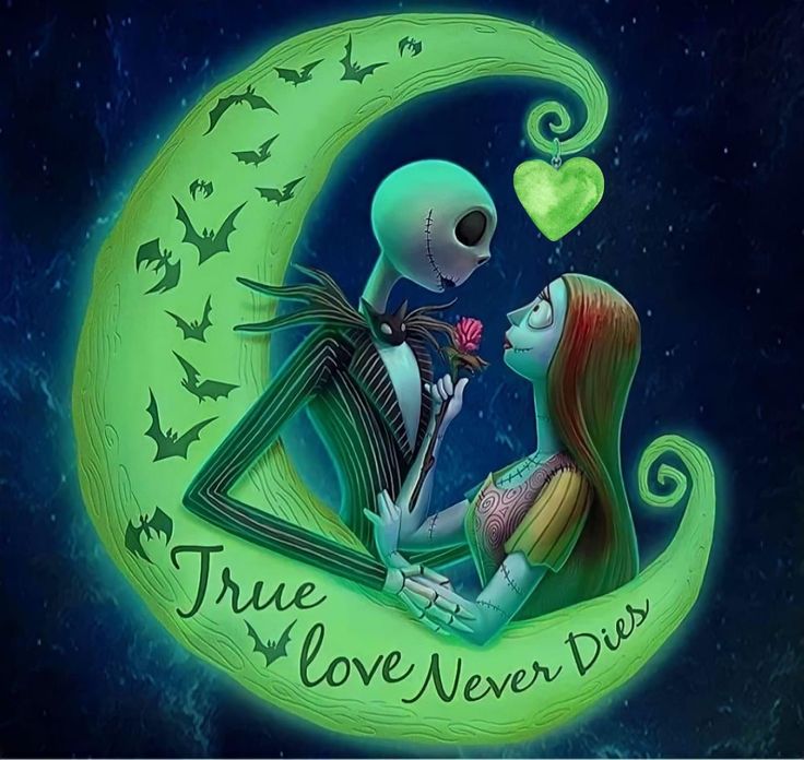 two skeletons sitting on the moon with words true love never dies