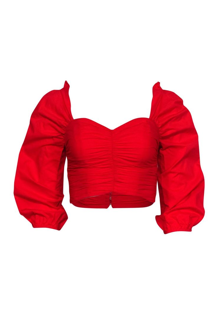 Current Boutique-Lovers + Friends - Red Ruched Cropped Puff Sleeve Blouse Sz XS Crop Top Outfits Classy, Instagram Style, Crop Top Outfits, Puff Sleeve Blouse, Long Puff Sleeves, Lovers And Friends, Red Blouses, High Rise Jeans, Puff Sleeves