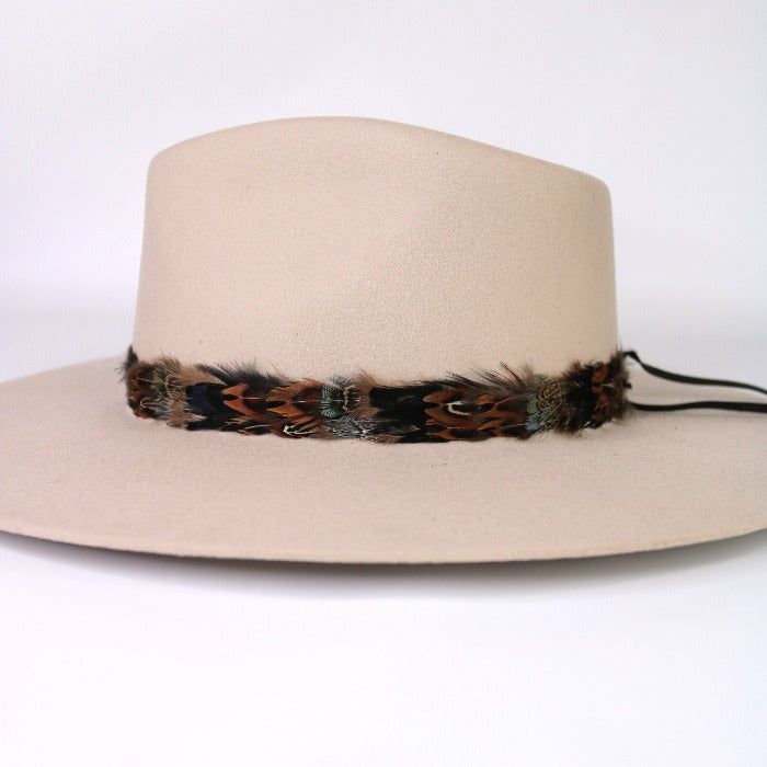 Natural feather hat band. Adjustable with a leather tie. Colors: Copper/brown, greyish blue, iridescent black. Natural colored feathers Adjustable hatband Approx. 1 inch wide *This product is for 1 single hat band. Hat not included. Adjustable Mini Hat With Feathers For Kentucky Derby, Southwestern Brown Feather Hat Bands, Southwestern Brown Hat Bands With Feathers, Adjustable Feather Trim Hat Band For Festival, Feather Hat Bands For Western-themed Fall Events, Adjustable Hat Bands With Feather Trim For Festivals, Fall Rodeo Hat Band With Feathers, Adjustable Festival Hat Band With Feather Trim, Bohemian Hat Band With Feather Trim And Adjustable Fit