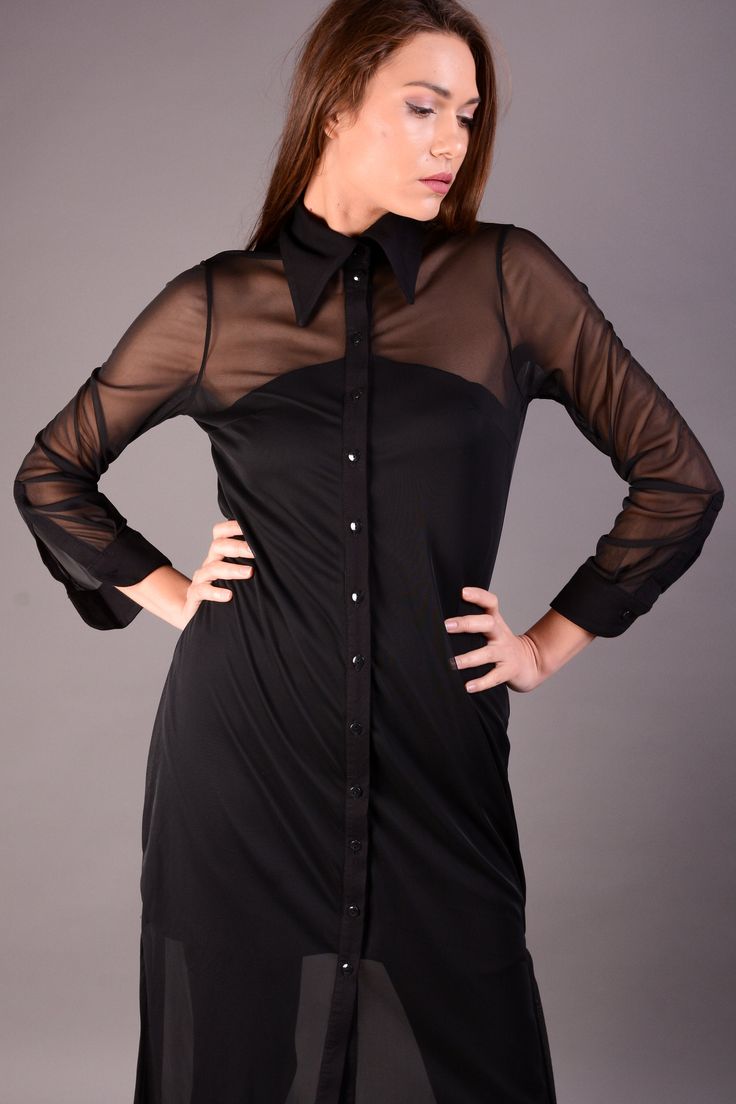 "Long Shirt Dress, Black Shirt Dress, Chiffon black shirt. Stunning oversized shirt dress in black. A distinctive feature of this sheer maxi shirt is the ankle length as well as that it is made of cotton and chiffon fabric. The model is very classy and stylish but comfortable at the same time. It is a great addition to your party look matching it with shorts or leggings. MATERIAL:Cotton and Polyviscose. Viscose ▲ Sizes: The item can be made in sizes from XXS to 5XL. Please, use the size chart be Black Sheer Long Sleeve Shirt, Elegant Black Chemise, Black Sheer Sleeves Button-up Blouse, Black Button-up Blouse With Sheer Sleeves, Fitted Sheer Black Shirt, Fitted Black Sheer Shirt, Black Blouse With Sheer Sleeves For Work, Elegant Black Shirt Dress For Daywear, Chic Black Sheer Shirt