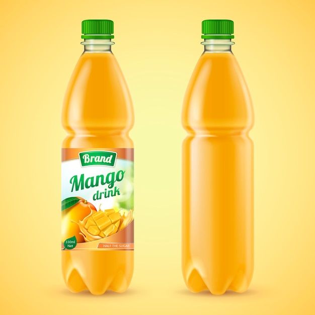 a bottle of mango drink next to a plastic bottle with the lid open on an orange background