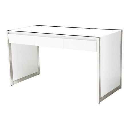 a white desk with two drawers and chrome trimmings on the top, in front of a white background