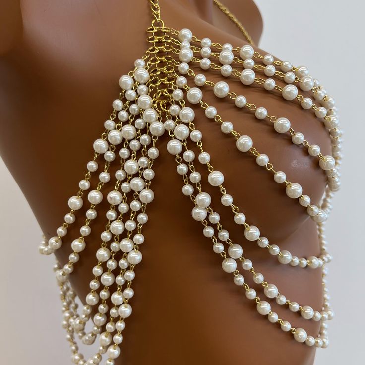 Pearl White Chain Pearl Necklace For Party, Party Jewelry With Beaded Chain And Round Beads, Handmade Gold Body Chain For Party, Pearl White Necklace With Chain For Party, Pearl White Pearl Necklace With Chain For Party, Adjustable Pearl Chain Body Jewelry For Gift, Adjustable Pearl Chain Body Jewelry As A Gift, White Chain Jewelry For Wedding, Elegant Handmade Gold Body Jewelry