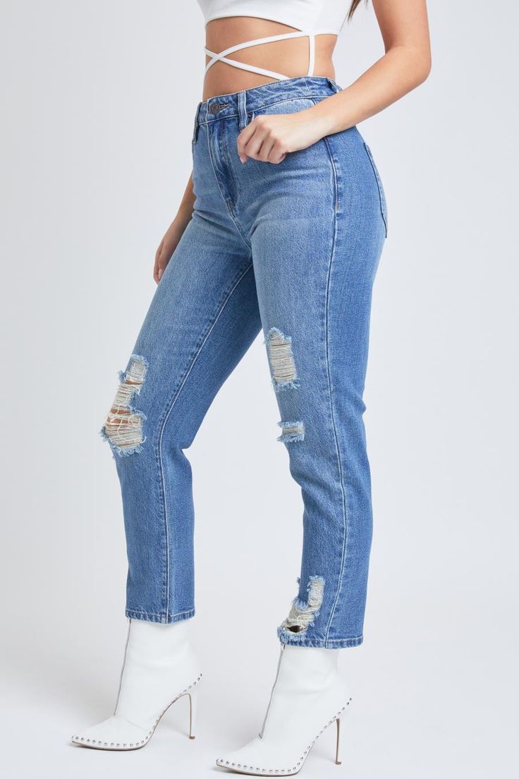 Dive into your chill era with our Women's Dream High Rise Mom Fit Jeans. This high-waisted jean is made with our signature hybrid Dream Denim that has a pure cotton front panel for that perfect denim texture, and a high-stretch back panel for ultimate comfort and a butt-hugging look. Features a classic five pocket construction, distressing, single-button closure with front zip, and belt loops. Style with a fitted crop and sneakers for an everyday look you'll love. Product Details- High-Rise- Bel Mom Fit Jeans, Ymi Jeans, Denim Texture, Dream High, Perfect Denim, L And Light, Everyday Look, High Waist Jeans, Fit Jeans