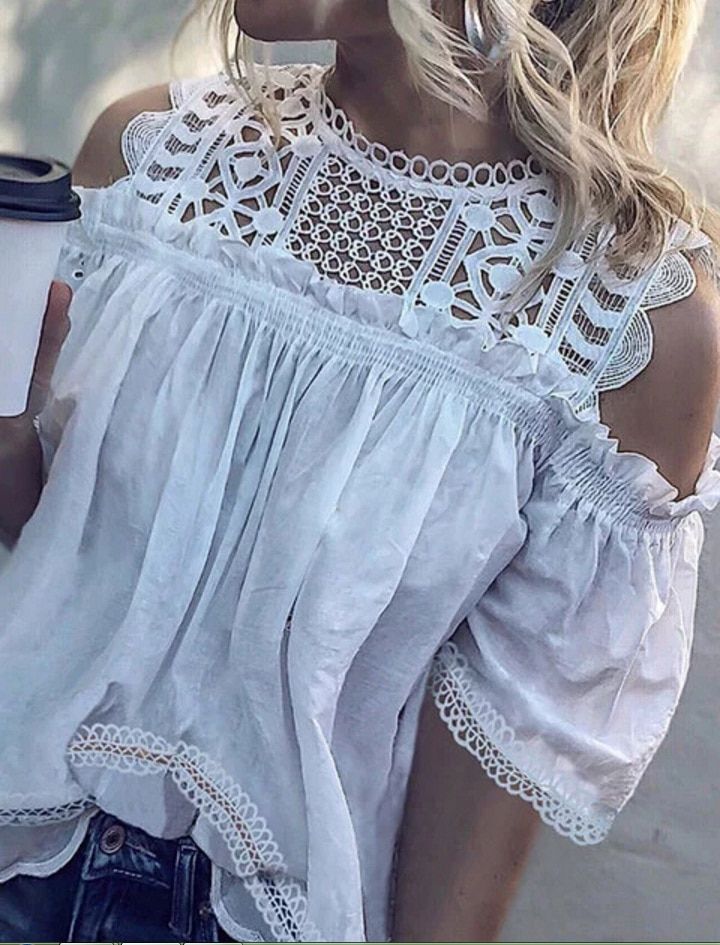 30% OFF JUKPOP Hollow Out Blouse Off Shoulder Lace Ruffle Tops Solid Color Short Sleeve Women Blusas Femininas Clothing JKP2371 - Allkpop Shop Holiday Blouses, Short Sleeve Shirt Women, Ruffle Mini Dress, Womens Tops Summer, Shoulder Cut, Smocked Dress, Loose Blouse, Neck Lace, Short Sleeve T Shirt