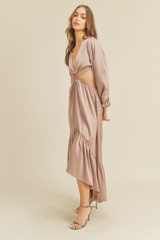 Satin long sleeve cut out maxi dress with high low hem. NOTE: If your size is not available, please register your email in EMAIL ME WHEN AVAILABLE link. Cut Out Maxi Dress, High Low Maxi Dress, Satin Long Sleeve, High Low Hem, Me When, High Low, Not Available, Wrap Dress, Cold Shoulder Dress