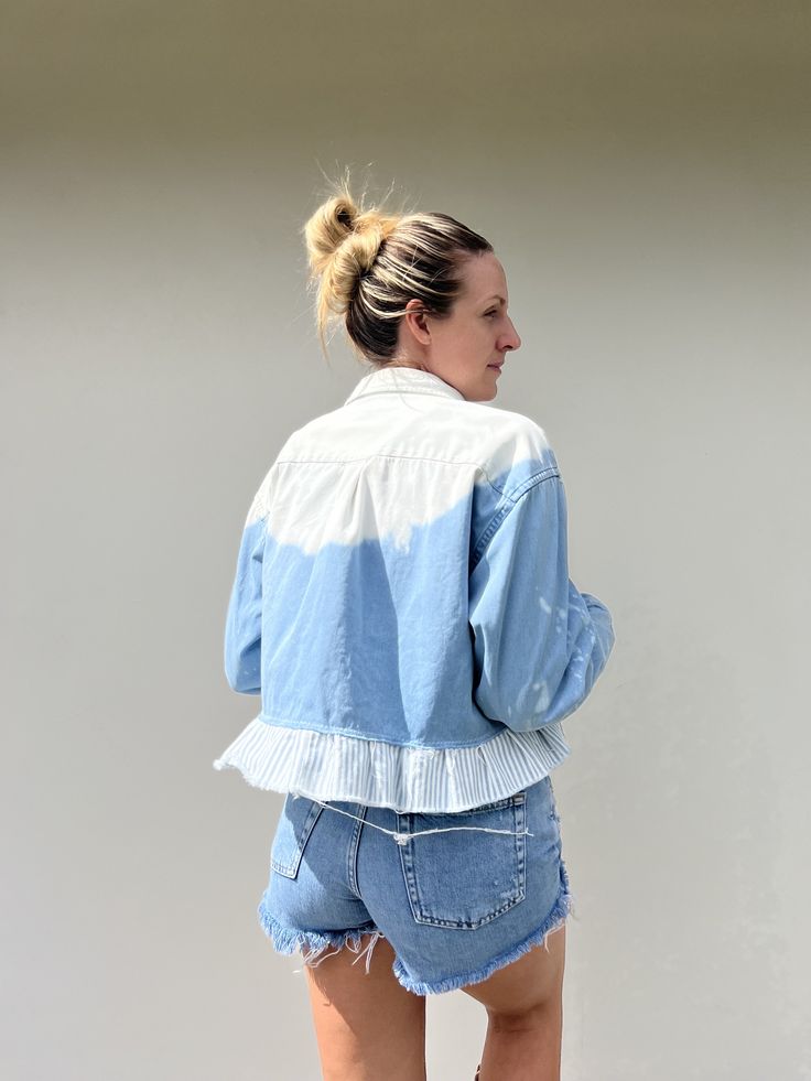 Cropped Jean Shirt Jacket, Bleached Jean Shirt, Flower and Lace Patch Cropped Jean Jacket, Button Down Jean Shirt With Ruffle,bleached Denim - Etsy Spring Light Wash Collared Denim Top, Spring Cropped Washed Denim Top, Spring Collared Denim Jacket, Summer Washed Collared Denim Jacket, Light Wash Cotton Denim Jacket For Day Out, Spring Light Wash Button-up Denim Top, Light Wash Cotton Denim Jacket With Frayed Hem, Spring Chambray Collared Denim Top, Spring Chambray Denim Collared Top