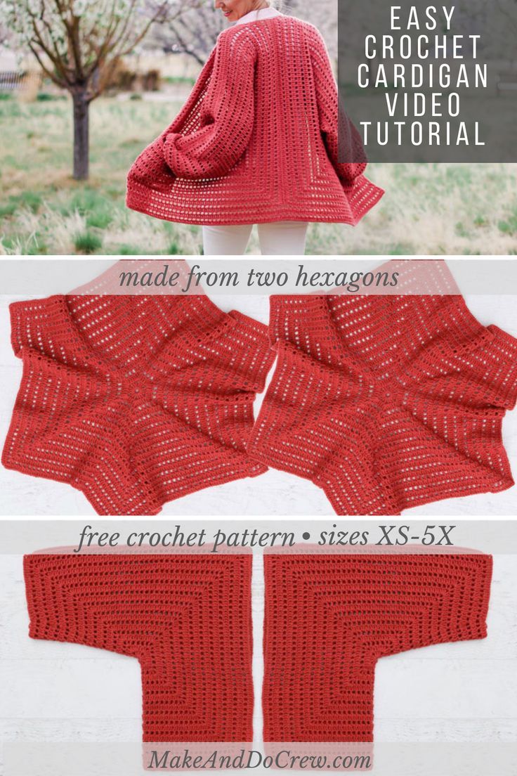 the crochet cardigan pattern is shown in three different colors and sizes, including red