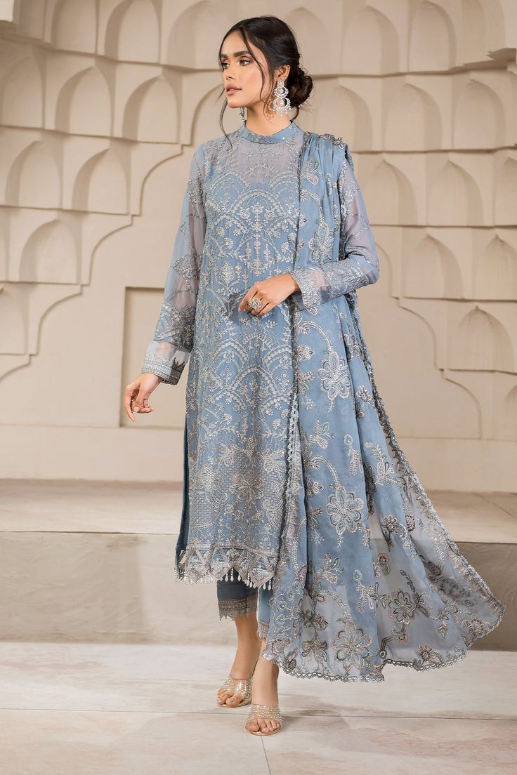 2023 Blue Short Shirt with Capri Pakistani Party Wear Blue Anarkali, Pakistani Party Wear, Chiffon Sleeves, Pakistani Salwar Kameez, Anarkali Kurta, Indian Wedding Wear, Embroidered Chiffon, Pure Chiffon, Luxury Wear