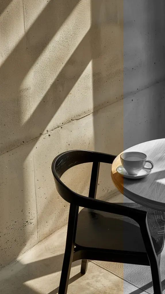 a table with a cup and saucer on it next to a wall in the sunlight