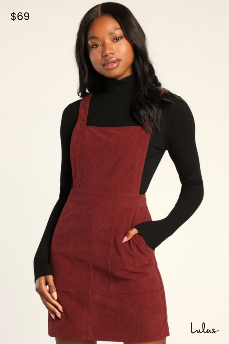 The Lulus Embracing Autumn Burgundy Corduroy Pinafore Mini Dress is the overall winner for the cutest look this season! This trendy pinafore dress has a velvety corduroy composition that shapes an apron-style bodice, a square neckline, and wide straps. A banded waist tops a figure-skimming mini skirt with front porkchop pockets. Exposed silver back zipper. Layer with a mock neck top for a retro 'fit! Fit: This garment fits true to size. Length: Mid-thigh. Size medium measures 33.25" from shoulder to hem. Bust: Great for any cup size. Waist: Fitted - very fitted at natural waist. Hip: Loosely Fitted. Fabric: Fabric has no stretch. Unlined. 97% Polyester, 3% Spandex. Hand Wash Cold. Do Not Bleach. Line Dry. Iron Low Heat. Imported. Lulus | Embracing Autumn Burgundy Corduroy Pinafore Mini Dre Corduroy Jumper Dress, Graduation Dress University, Autumn Chocolate, Corduroy Pinafore, Corduroy Pinafore Dress, Corduroy Top, Island Fashion, Stylish Work Outfits, Corduroy Dress