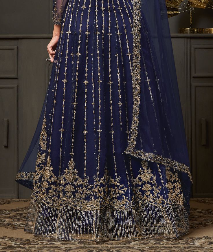 Dark Cobalt Blue Designer Heavy Embroidered Wedding Anarkali Gown-Saira's Boutique Blue Floor-length Gown For Eid, Blue Zari Work Anarkali Set Maxi Length, Embroidered Floor-length Churidar For Wedding, Blue Salwar Kameez With Pallu And Maxi Length, Blue Resham Embroidered Maxi Gown, Traditional Blue Gown With Zari Work, Traditional Blue Gown With Pallu, Blue Sharara With Intricate Embroidery For Formal Occasions, Blue Semi-stitched Gown With Intricate Embroidery