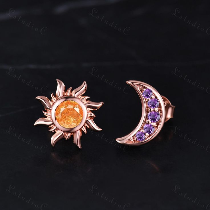 5mm round cut Sunstone Amethyst Sun Crescent Moon Stud Earrings Unique Celestial Earrings Best Engagement Wedding Bridal Birthday Gift for Women Jewelry This ring can also be made in genuine solid 10k, 14k, 18k gold or Platinum, and all the rings in my shop can be customized too! If you want to know more details about the ring, just contact with me anytime! If you want to customize the ring, just contact with me anytime! If you want to make a custom jewelry, just contact with me anytime! PROCESS TIME AND SHIPPING It usually takes about 3-4 weeks to finish the ring and 4-6 days to deliver to you if you are in US. (Free Shipping within US!) We will offer you the tracking number once your ring is shipped. WARRANTY 30 days money back guarantee! If you have any questions, please feel free to co Celestial Jewelry With Matching Round Earrings, Celestial Jewelry With Prong Setting As Gift, Celestial Round Jewelry With Prong Setting, Sun And Moon Design Round Jewelry For Anniversary, Rose Gold Round Citrine Jewelry, Round Rose Gold Citrine Jewelry, Lavender Amethyst Round Earrings, Celestial Purple Round Jewelry, Purple Celestial Round Jewelry