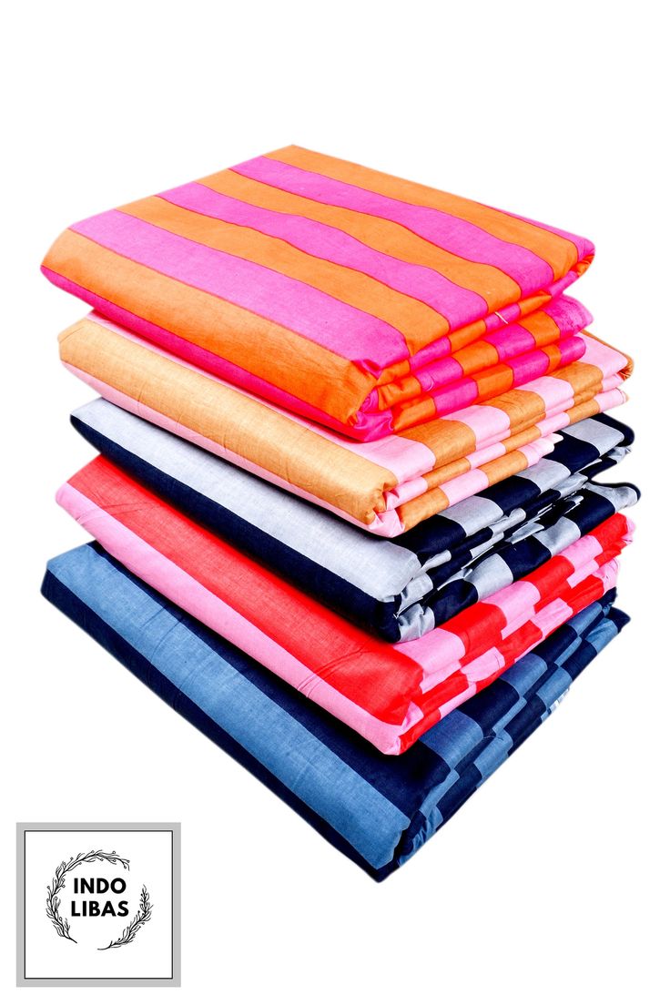 five folded towels stacked on top of each other in different colors and patterns, with the label