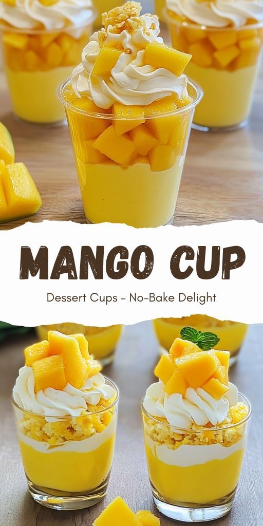 mango cup dessert cups with no bake delight in the middle and topped with whipped cream