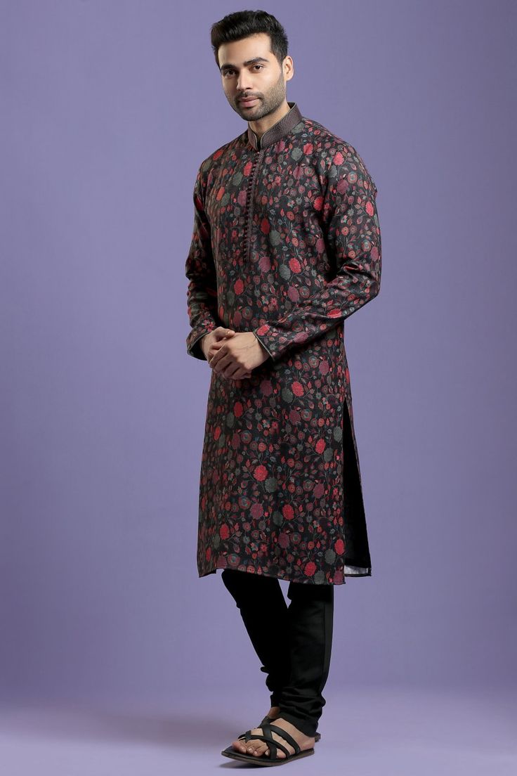 Black Silk Blend Floral Print Kurta Set Traditional  Wear  Care Instructions: Dry Clean Blend Slik Fabric with Touch of Stitch Line Pasmina Look Top Details: Color- Black, Fabric - Blend slik Bottom Details Color - Black, Style - free size Chudidar, Fabric -Dhupion Silk Package Include: Kurta and Pajama Additional Information : - As This Sherwani/Waistcoat/Kurta Are Made As Per Orders So It Is Strictly Not Acceptable Once Get Delivered. So Kindly Choose Body Fit Size. Kurta Set For Men, Nehru Jackets, Kurta Set, Designer Gowns, Kids Sleepwear, Ethnic Wear, Festival Wear, Black Silk, Body Fit