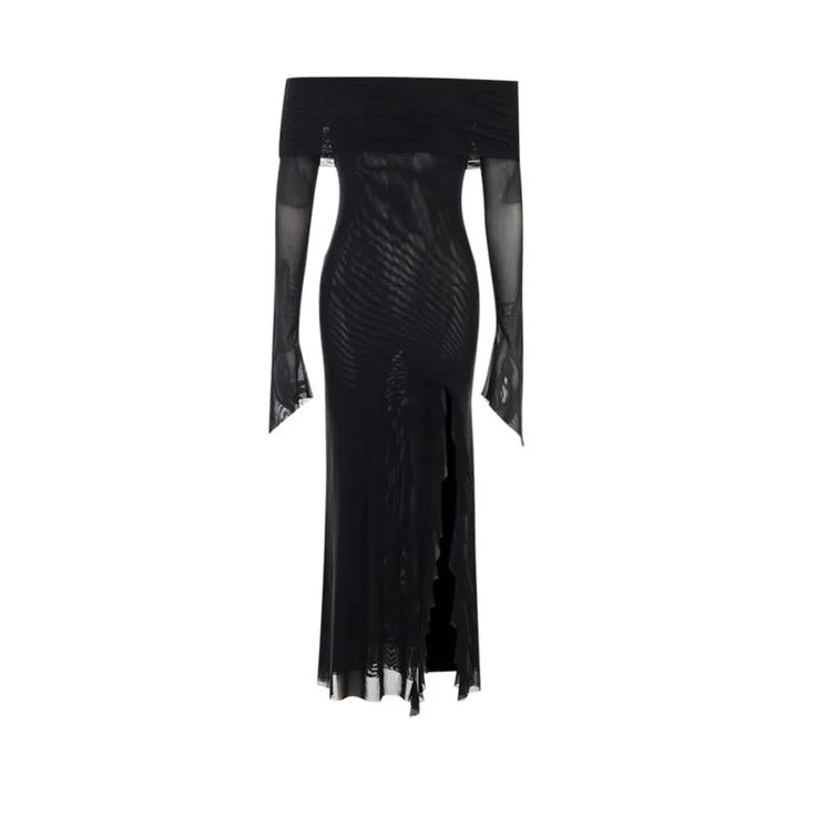 Women Black Sexy Long Dress Off Shoulder Elegant Irregular Ruffles Split Evening Party Dresses Bodycon Gothic Lace Dress SPECIFICATIONS Sleeve Style: Flare Sleeve Sleeve Length(cm): Full Style: Sexy & Club Neckline: slash neck Silhouette: STRAIGHT Material: Polyester Material: Mesh Material: Voile Decoration: Folds Elasticity: Medium Strecth Dresses Length: Mid-Calf Season: Spring/Summer Closure Type: Pullover Material Composition: synthetic fiber 1Measurement In CM size Bust(cm) Waist(cm) Body