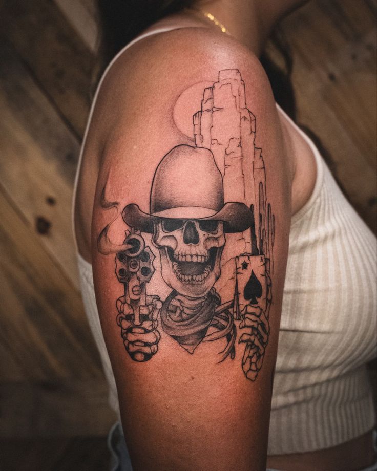 Women’s Skeleton Tattoo, Western Skull Hand Tattoo, Southern Sleeve Tattoo, Medium Size Western Tattoos, Cowboy Scene Tattoo, Western Upper Arm Tattoos, Full Sleeve Tattoos Women Country, Skeleton Cowboy Hat Tattoo, Punchy Tattoos Sleeve