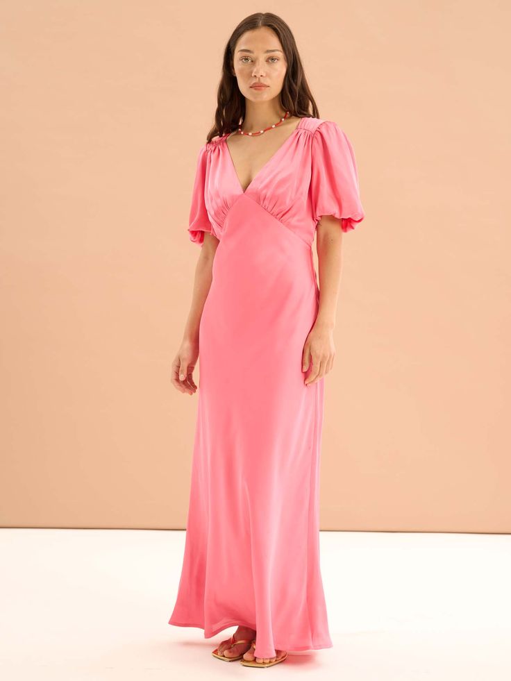 Rosie Ruched Puff Sleeve Dress in Pink | OMNES | Dresses | Sustainable & Affordable Clothing | Shop Women's Fashion Date Night Dress, Puff Sleeve Dress, Bridesmaid Wedding, Date Night Dresses, Puffed Sleeves Dress, British Indian, Affordable Clothes, Shirt Skirt, Balloon Sleeves